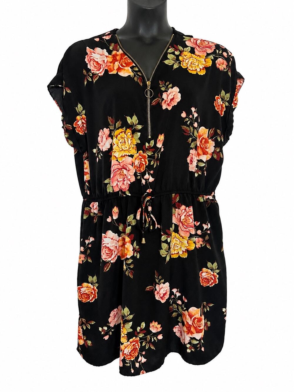 J for Justify 3X Floral Zip Front Tunic Top Black Plus Size